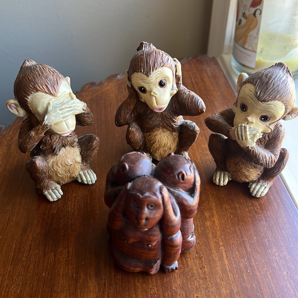 Bundle Three Wise Monkeys Figurines plus Craved Wooden figurine ABC Distribution